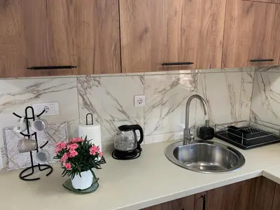 a kitchen counter with a sink and flowers on it at Markovic Village Apartments in Ulcinj