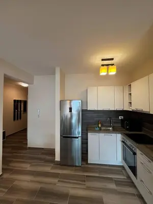 a large kitchen with a stainless steel refrigerator at Fazenda 2 Becici in Becici