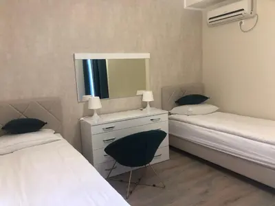 a bedroom with two beds and a dresser with a mirror at BonMare.apt4 in Dobra Voda