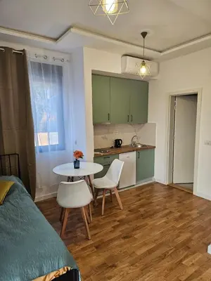 a bedroom with a table and chairs and a kitchen at Montedream apartments in Bar