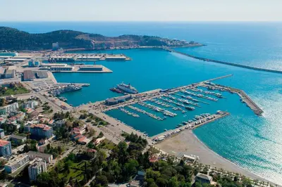 an aerial view of a harbor with boats in the water at Montedream apartments in Bar