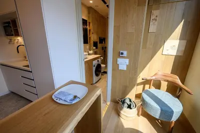 a bathroom with a counter with a blue hat on it at Modular Sea view Spa Studio in Kotor