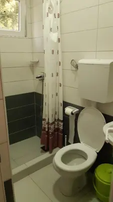 a bathroom with a toilet and a shower at Panorama in Čanj