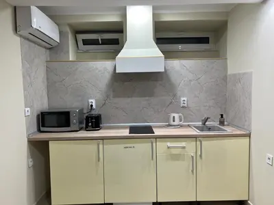 a small kitchen with a sink and a microwave at Lucky center Apartment in Podgorica