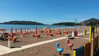 a beach with chairs and chickens on the sand at Apartments Becici in Budva