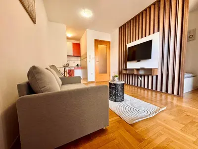 a living room with a couch and a flat screen tv at Apartment Milana in Konik