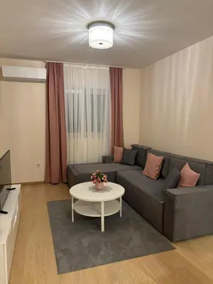 a living room with a couch and a table at Apartment Enjoy City kvart in Podgorica