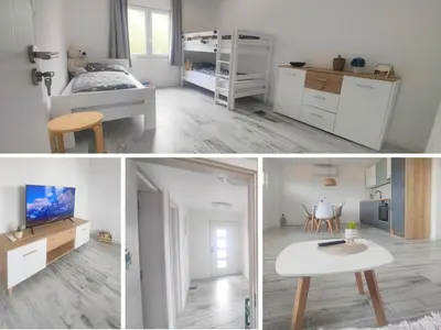 two images of a bedroom and a living room at Suite Madric in Pečurice