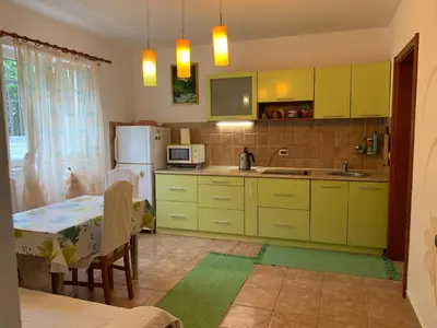 a kitchen with green cabinets and a table and a refrigerator at Njaro del mar 3 in Petrovac na Moru