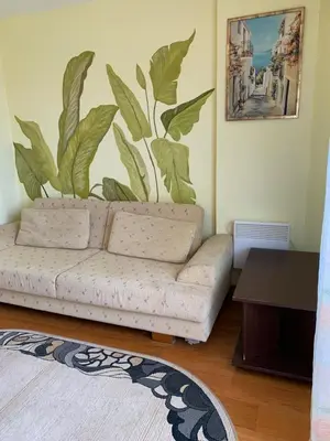 a living room with a couch and a plant on the wall at Njaro del mar 3 in Petrovac na Moru