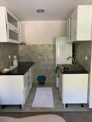 a kitchen with white cabinets and a sink at Njaro del mar 1 in Petrovac na Moru