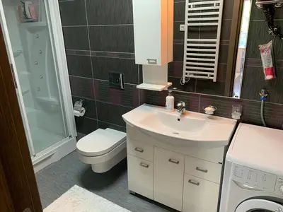 a bathroom with a sink and a toilet and a shower at Njaro del mar 1 in Petrovac na Moru