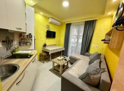 a kitchen and living room with a couch and a table at Šušanj Bar in Bar, Susanj