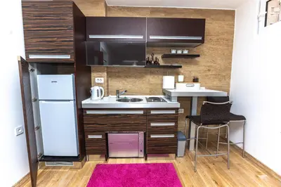 a small kitchen with a sink and a refrigerator at Vukotic in Budva