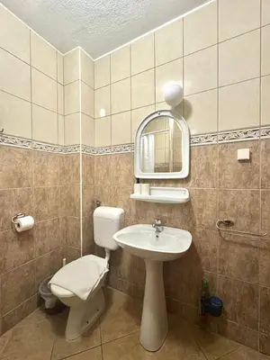 a bathroom with a toilet and a sink and a mirror at Calma Vista Apartments by Vila Vanja in Budva