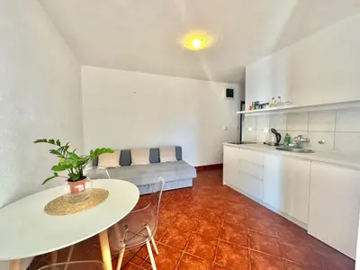 a kitchen and living room with a table and a couch at Calma Vista Apartments by Vila Vanja in Budva