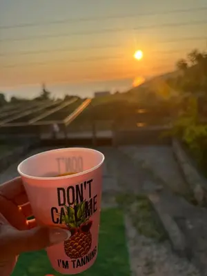 a person holding a cup of coffee with the sunset in the background at Utjeha Montenegro in Masline