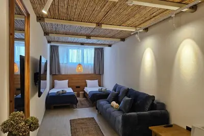 a living room with a couch and a bed at SeiSensi Luxury Beach Villa in Gornji Sušanj