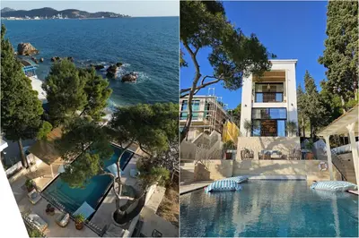 two pictures of a swimming pool next to the ocean at SeiSensi Luxury Beach Villa in Gornji Sušanj
