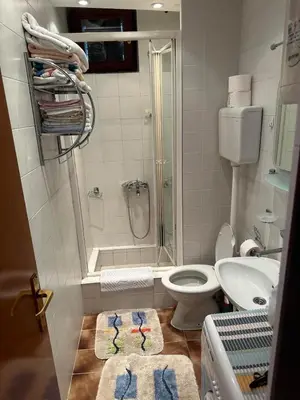 a bathroom with a shower and a toilet and a sink at Sea View Budva in Komoševina