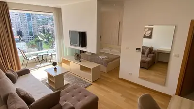 a living room with a couch and a large window at AKS Aparments - Wow in Budva
