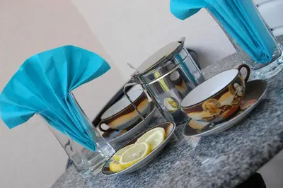 a pair of glasses on a counter with lemon slices at Apartments Maris in Petrovac na Moru