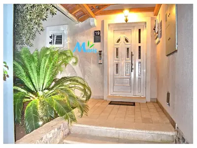 a front door of a house with a palm tree at Apartments Maris in Petrovac na Moru