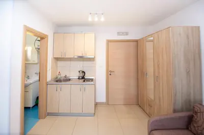 a small kitchen with a sink and a sliding door at Apartments Vila Anastasia in Budva