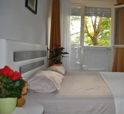 a bedroom with a large bed with a window at Apartment Centar in Podgorica