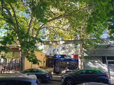 a street with cars parked in front of a store at Apartment Centar in Podgorica