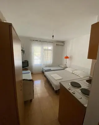 a room with two beds and a stove in it at Apartmani Jovanovic Canj in Čanj