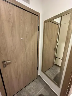 a wooden door in a room with a mirror at Sunshine Master apartment in Podgorica