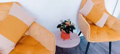 a vase of flowers on a table between two chairs at Apartman Luka in Trojica