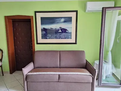 a living room with a couch and a picture on the wall at Adriatic Luxury Flat in Budva