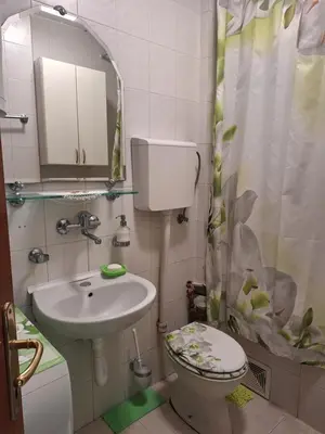 a bathroom with a sink and a toilet and a mirror at Adriatic Luxury Flat in Budva