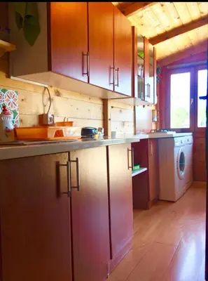 a kitchen with wooden cabinets and a washer and dryer at Amazing &Magic houses- Ada Bojana in Gornji Štoj