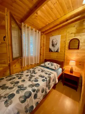 a bedroom with a bed in a wooden cabin at Amazing &Magic houses- Ada Bojana in Gornji Štoj