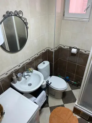 a bathroom with a sink and a toilet and a mirror at Sea view in Rafailovici