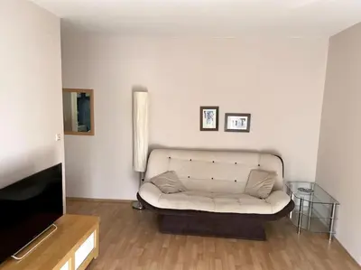 a living room with a white couch and a television at Magnolia Apartment in Budva