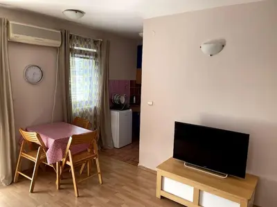 a living room with a table and a television at Magnolia Apartment in Budva