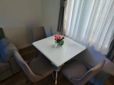 a white table with chairs and a vase of flowers on it at Apartment Matija Airport in Podgorica