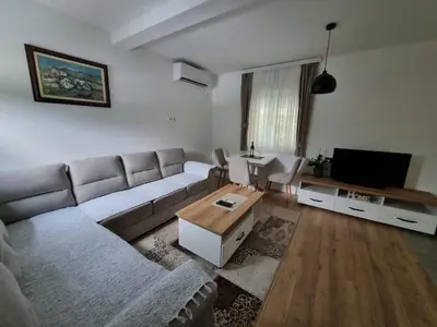 a living room with a couch and a tv at Apartment Matija Airport in Podgorica