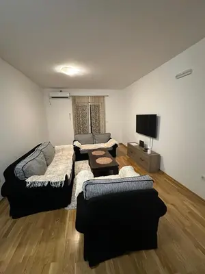 a living room with two couches and a flat screen tv at Viktor Apartman in Podgorica