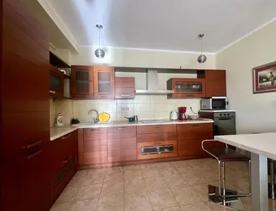 a large kitchen with wooden cabinets and a counter at Blue Sky Villa in Brca