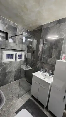 a bathroom with a toilet and a sink and a shower at City Center Relax Podgorica in Podgorica