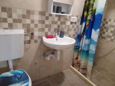 a bathroom with a sink and a toilet at Vrsutska 81 in Sutomore