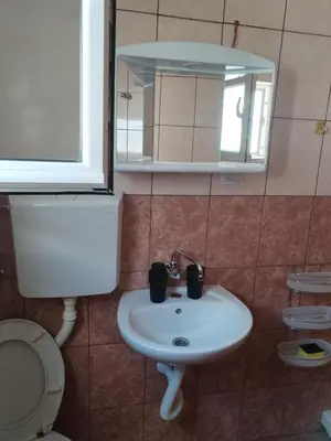 a bathroom with a sink and a toilet and a mirror at Vrsutska 81 in Sutomore