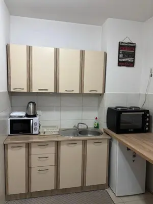 a small kitchen with a sink and a microwave at Apartman 38 in Podgorica