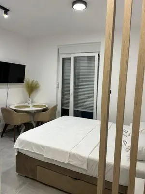 a bedroom with a bed and a table and a television at Apartman Princeza Ksenija in Podgorica