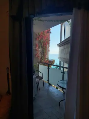 a room with a view of the ocean from a window at Plava Vila Beach Apartments Sveti Stefan in Sveti Stefan